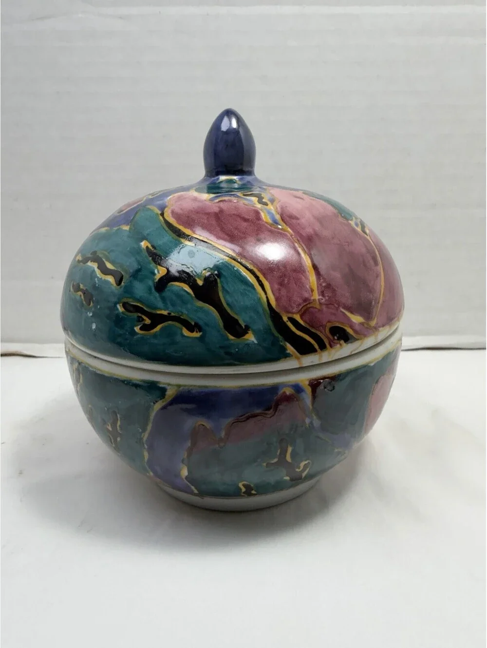 Vintage Hand Painted Studio Pottery Lidded Round Dish Abstract Glaze Ceramic
